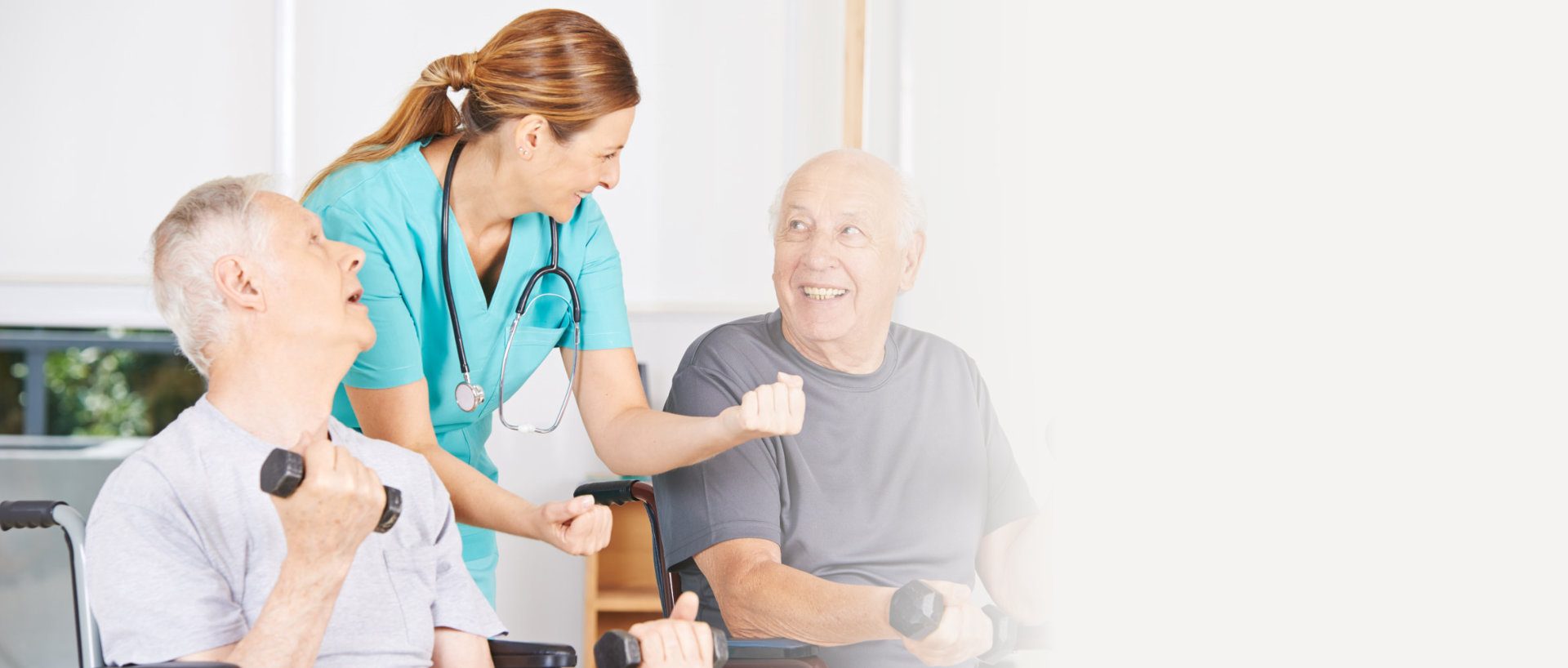 caregiver with stethoscope visiting to her patients while doing exercise